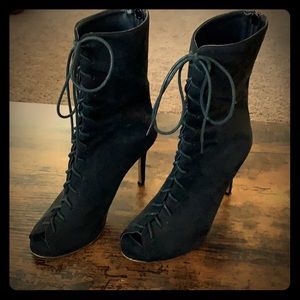 High heel suede open toe lace up boots